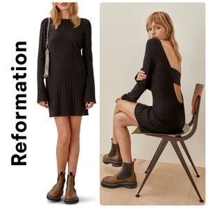 Reformation NWT Cait Open Back Long Sleeve Ribbed Dress in Black